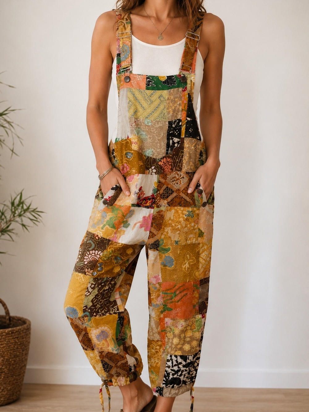 Patchwork Boho Overalls Drawstring Hem Festival Utility Jumpsuit